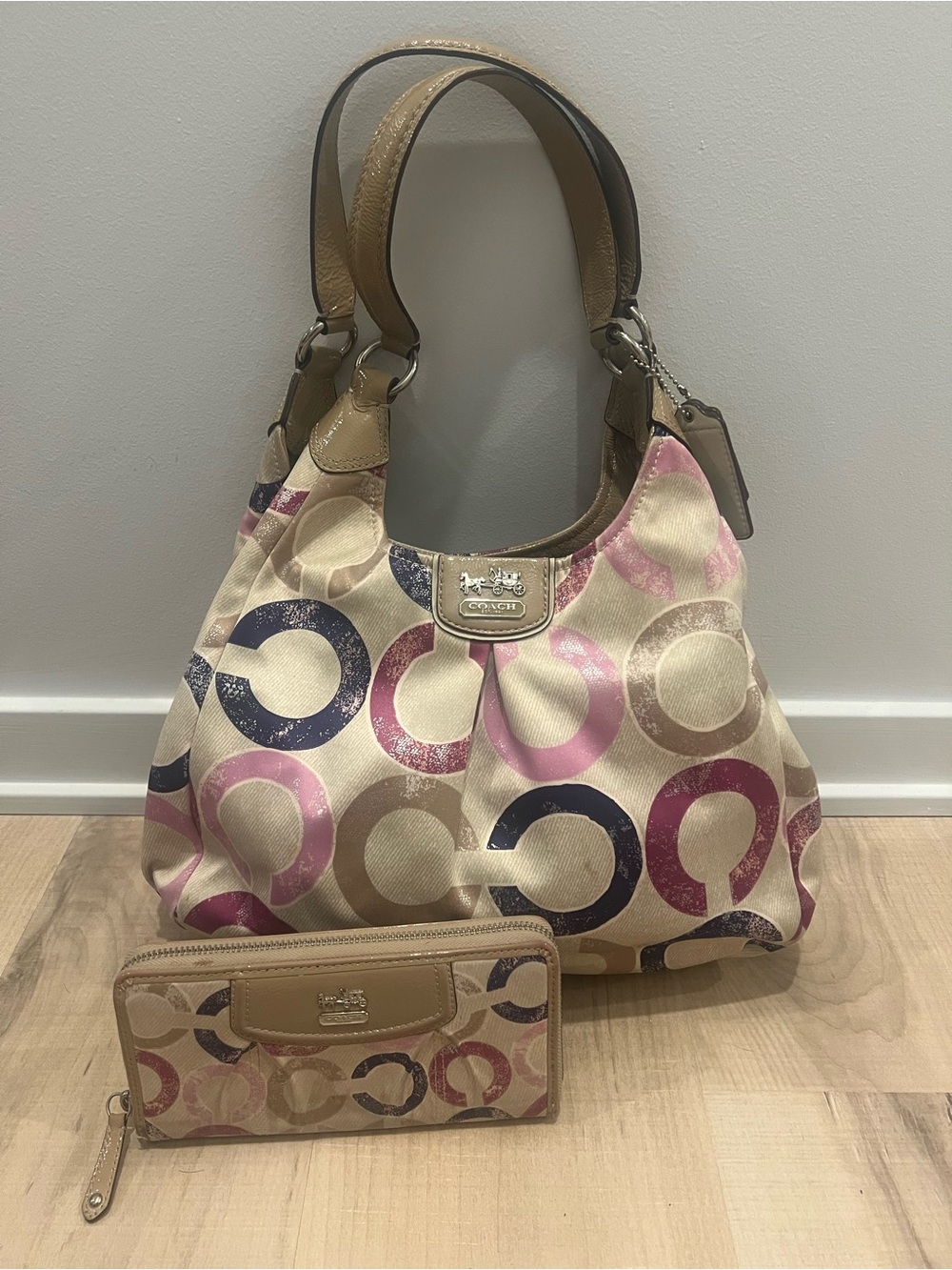 Coach Multicolor Circle Print Shoulder Bag in Pink, Navy & Tan